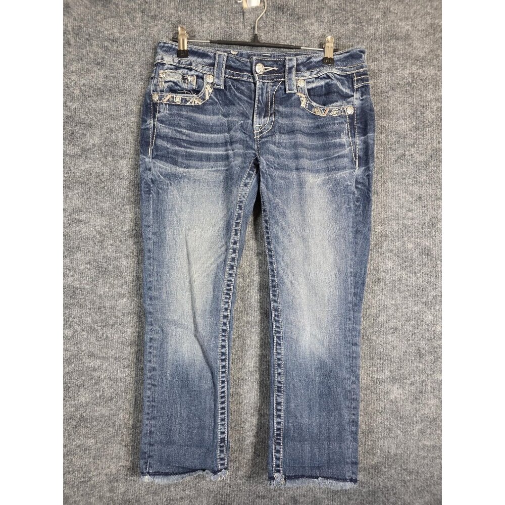 Miss Me Jeans Womens 27 Blue Signature Crop Embellished Rhinestone Raw Hem Bling - Picture 1 of 9